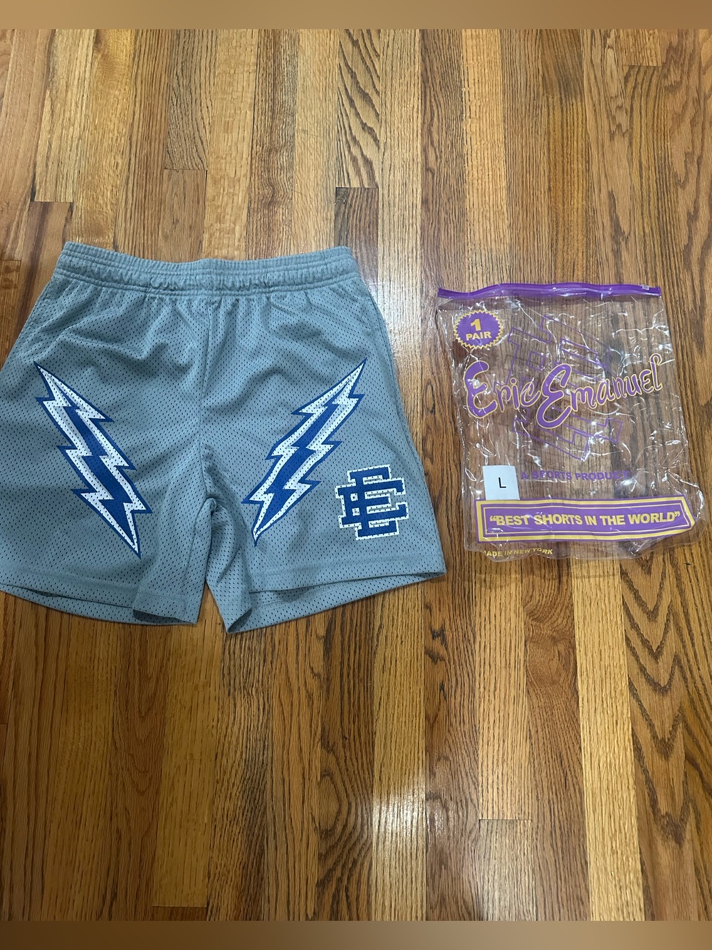 Eric Emanuel Gray Athletic Shorts with Blue Lightning
